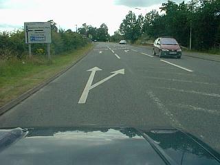 Featherbed Lane junction showing bifurcation arrow - never use these!